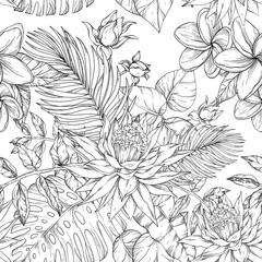 Fototapeta premium Seamless background of flowers frangipani, palm branch and tropical flowers, hand drawing illustration. Black and white