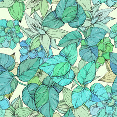 Tropical jungle seamless pattern, green foliage background,