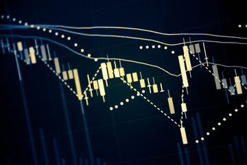 Financial data of stock market in term of a digital prices on LED display. A number of daily market price and quotation of prices chart to represent candle stick tracking in Forex trading.