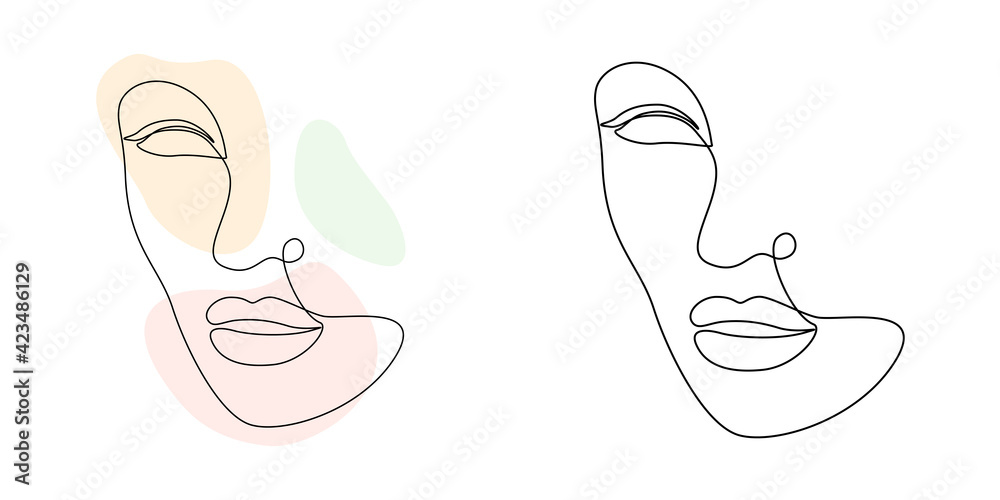Poster continuous line art woman face with abstract shapes. elegant minimalistic portrait for prints, tatto