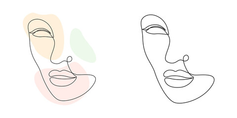 Continuous line art woman face with abstract shapes. Elegant minimalistic portrait for prints, tattoos, posters, textiles, postcards. Vector illustration