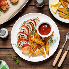 Bacon wrapped chicken rolls stuffed with feta cheese and spinach served with baked potato wedges and tomato sauce. Beautiful festive lunch or dinner. Wooden background. top view	