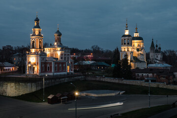 Fototapeta na wymiar Churches in historical center of Serpukhov at dusk, Moscow oblast, Russia