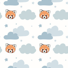 Seamless childish pattern with cute red panda, clouds, stars. Baby texture for fabric, wrapping, textile, wallpaper, clothing. Vector illustration