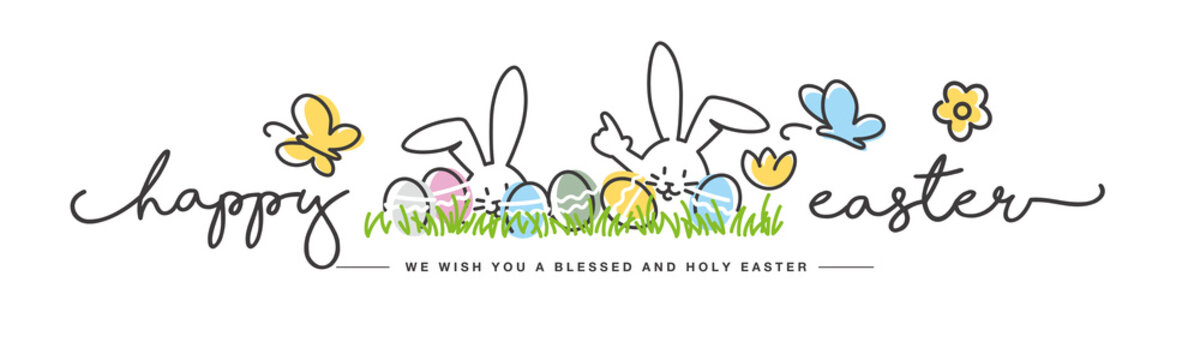 Happy Easter we wish you a holy and blessed Easter handwritten art line design of cute smiling Easter bunny and eggs in grass egg hunt on white background great for Easter Card, banner, wallpapers