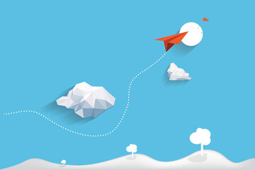 Go to success concept wall paper background, clouds low poly icons, red air plane paper cut, above mountain with blue sky backdrop.
