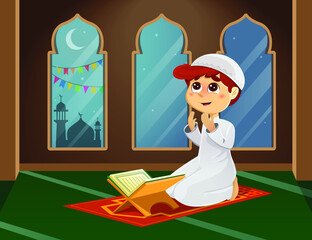 Vector Illustration of Muslim Boy Praying in Mosque