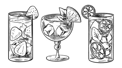 Hand drawing line art ink illustration set of cocktails. Collection of drinks. Retro style. For menu, poster, card, print