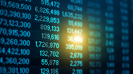 Stock market data on digital LED display. Fundamental and technical analysis with candle stick graph chart of stock market trading to represent about Bullish and Bearish point.
