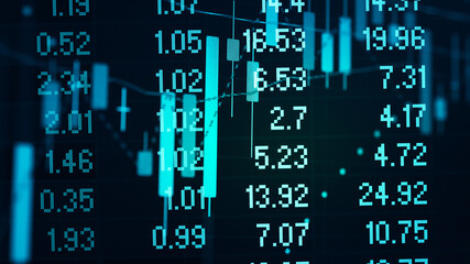 Fototapeta premium Stock market data on digital LED display. Fundamental and technical analysis with candle stick graph chart of stock market trading to represent about Bullish and Bearish point.