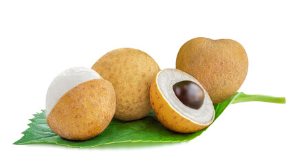 Longan with leaf isolated on white background. Tropical Longan fruit Close-up. Side view.