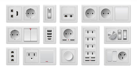 Socket and switch. Realistic electric power supply, on and off buttons or USB ports. 3D connectors for different plugs types. Vector square wall furniture set for connecting to circuit
