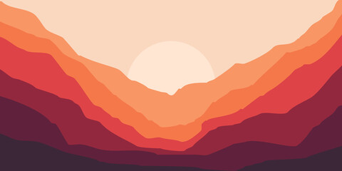 mountain sunset flat design vector illustration for web banner, background template, wallpaper design, poster template, and tourism poster background