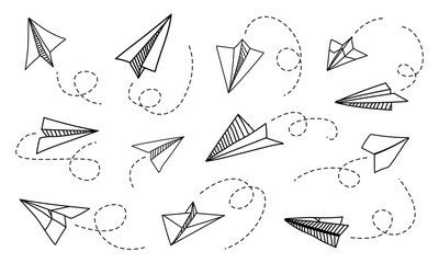 Paper plane. Hand drawn doodle airplane with route tracks. Message delivery and travel planning. View from different sides of handmade flying origami aircrafts. Vector aviation set
