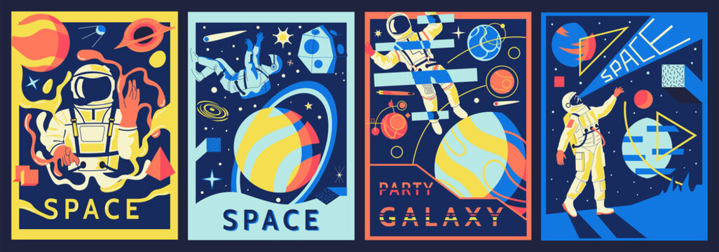 Futuristic astronaut posters. Cosmonaut in outer space. Abstract banners set with psychedelic shapes and universe explorers. Colorful spacecraft and planets. Vector cosmic adventure