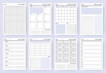 Organizer. Planner blank pages, business diary and daily to do list. Paper sheets for writing goals for week and month. Reminders template with copy space. Vector set for scheduling