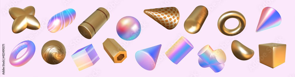 Fototapete render shapes. abstract geometric holographic or golden minimal elements. 3d rainbow and metallic fi