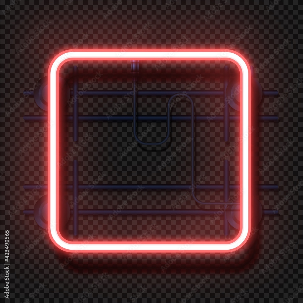 Aufkleber Rectangle neon lamp. Realistic square fluorescent light. 3D geometric glowing signboard and wall mount on transparent background. Vector decorative red electric illuminated frame mockup