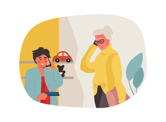 Grandma and grandson talking on phone. Cartoon characters have dialogue. Senior woman communicating with boy using smartphone. Isolated scene of remote conversation. Vector illustration