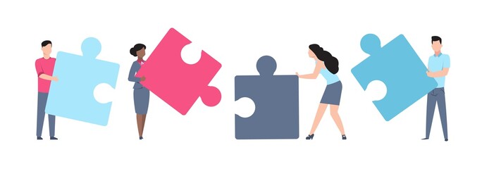 Business teamwork. Cartoon men and women holding puzzle. Employees working together. People teamed up to solve jigsaw. Collaboration and partnership, vector collective brainstorming