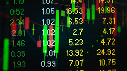 Fototapeta premium Financial data in term of a digital prices on LED display. A number of daily market price and quotation of prices chart to represent candle stick tracking in Forex trading.
