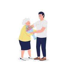 Old mother with adult son flat color vector detailed characters. Grandson giving flower bouquet to grandmother. Mothers day isolated cartoon illustration for web graphic design and animation