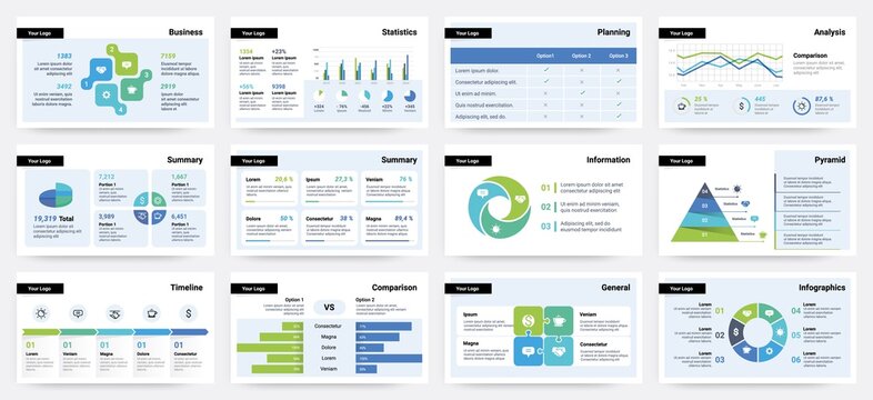 Presentation slide. Business project report visualization, pages with statistic and analytic information. Diagrams or infographics for data comparison. Timeline flowchart, vector set