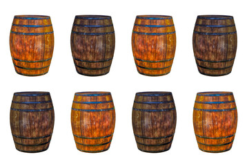 brown weathered brown oak barrel in two parallel rows on a white isolated background