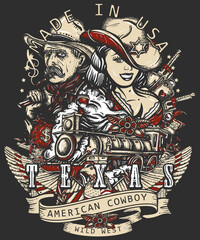 Fototapeta na wymiar Texas slogan. USA history concept. Wild West art. Cowboy girl sheriff, steam train, american eagle and gold digger. Old criminal western. Guns, money and playing cards. Wanted vintage poster style