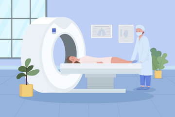 MRI scanning flat color vector illustration. Healthcare monitoring. Disease diagnostic. Ultrasound technology. Patient visiting doctor 2D cartoon characters with interior on background