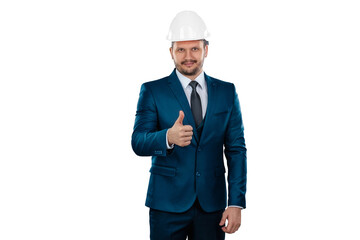 A man in a business suit, an architect with a white helmet on his head, isolated on a white background. Architecture, construction concept.