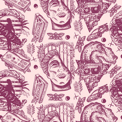 Vaporwave art. Pop culture seamless pattern. Audio cassette, VHS type and tyrannosaur, music art. Nostalgic 80s, cyberpunk style. Statue head, surfing woman, game controller