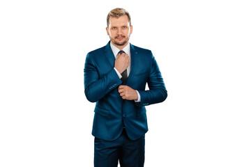 Man, businessman in business suit isolated on white background. The concept of great success in career, luck, business.