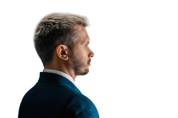 Serious Man, businessman in a business suit close-up portrait, isolated on white background.