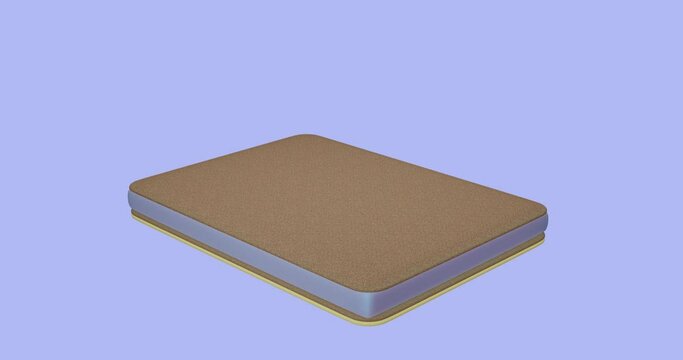 3d render animation of a stylized mattress composition is assembled by layers of a spring block foam polyurethane foam layer with gel inserts a breathable layer  a layer with coconut fiber latex the a