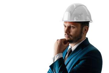 A man in a business suit, an architect with a white helmet on his head close-up, isolated on a white background. The concept of architecture, construction, blueprints, plan.