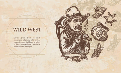 Wild West. Gold digger. Old cowboy in hat. Renaissance background. Medieval manuscript, engraving art