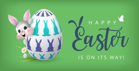 Happy Easter Banner with Bunny wearing face mask and Colourful Painted Egg. Vector