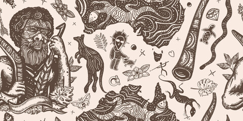 Australia vintage horizontal seamless pattern. Ethnic Australian aboriginal tribes bushmen. Boomerang, rock painting, kangaroo, map. Retro old school tattoo vector background