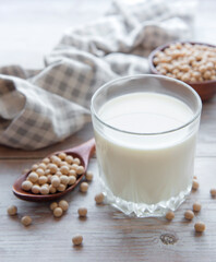 Soy milk and soy on the table