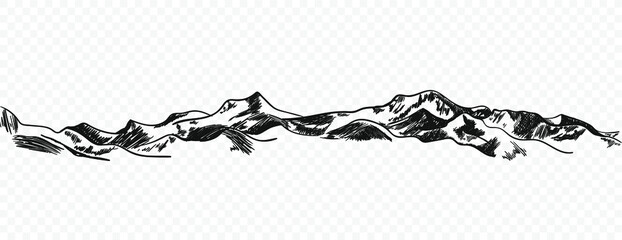 Vector Hand Drawn Mountains, Sketchy Illustration Isolated on Light Transparent Background, Nature Sketch, Freehand Drawing.
