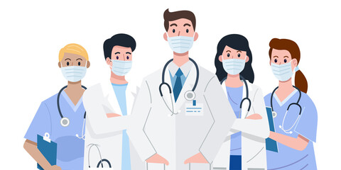 Frontline heroes, Illustration of doctors and nurses characters wearing masks. Vector