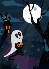 Fototapeta premium Happy Halloween poster. Mystical illustration with a cute cat and a ghost. Postcard for the holiday. Vector illustration. The cat and the ghost are looking at the moon. Scary house on the hill. Moon.