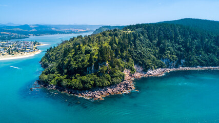 Naklejka premium Aerial view on a little harbour. Coromandel, New Zealand.
