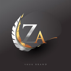 Initial letter ZA logo with Feather Gold And Silver Color, Simple and Clean Design For Company Name. Vector Logo for Business and Company. - obrazy, fototapety, plakaty