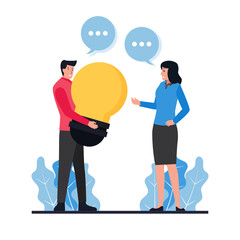 Man hold bulb offering idea to woman metaphor of idea sharing.