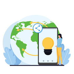 Women stand next to phone with bulb inside and globe behind metaphor of idea sharing.