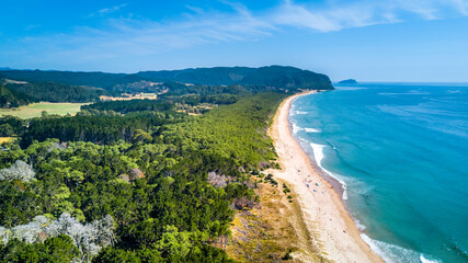Obraz premium Aerial view of a sunny beach. Coromandel, New Zealand.