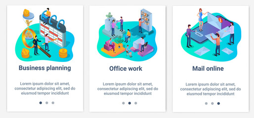 Modern flat illustrations in the form of a slider for web design. A set of UI and UX interfaces for the user interface.Business planning,office work, and mail online.