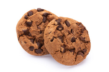 Chocolate chip cookies isolated on white background. Sweet biscuits. Homemade pastry.